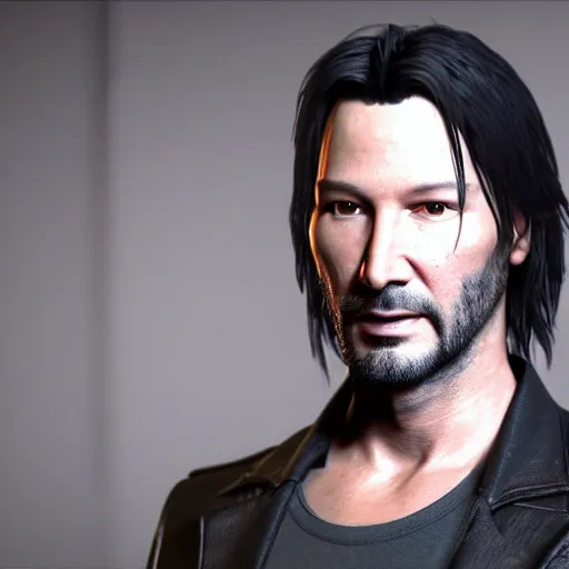 Image similar to render of a beautiful 3d Keanu Reaves, hyperdetailed medium shot, Unreal engine 4k