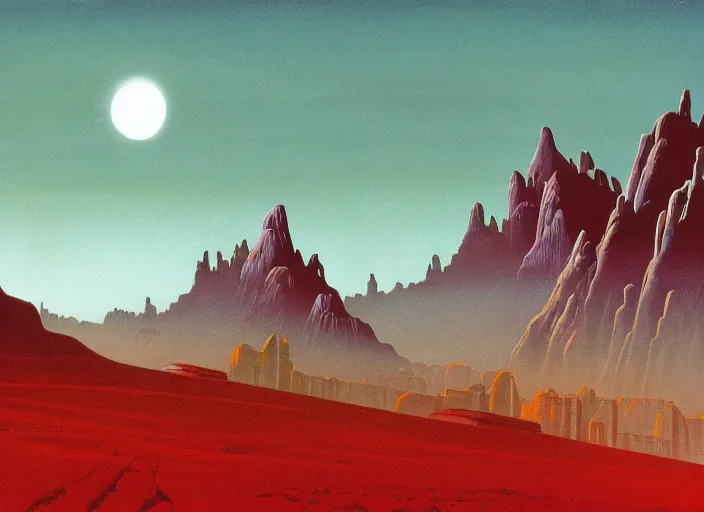 Prompt: ground view of a future city surrounded by mountains. style by peter elson and eyvind earle.