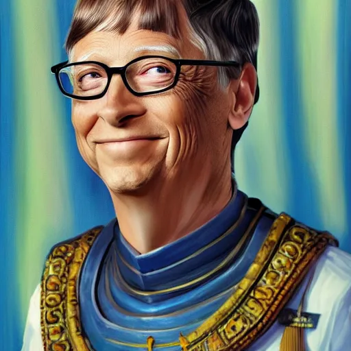 Image similar to Bill Gates cosplaying as Cleopatra, oil on canvas, high quality professional portrait, highly detailed, trending on art station