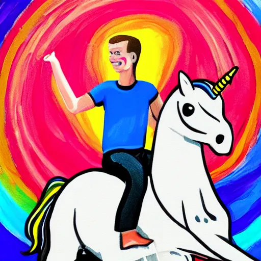 Prompt: Vitalik Buterin riding a unicorn, colorful painting