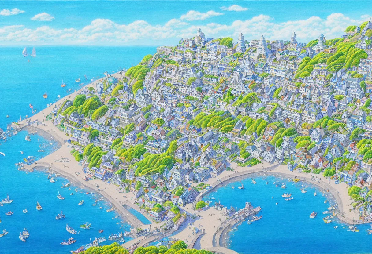 Image similar to a beautiful ultradetailed painting of a seaside town, sunny, close shot, studio ghibli sunlight, archdaily, wallpaper, highly detailed, trending on artstation