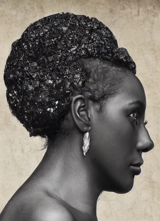 Prompt: a beautiful black woman's face in profile made of leaf skeleton, white hair, in the style of the dutch masters and gregory crewdson and rene magritte, dark and moody, matte, 8 k, hyper detailed, hyper realistic, intricate detail,