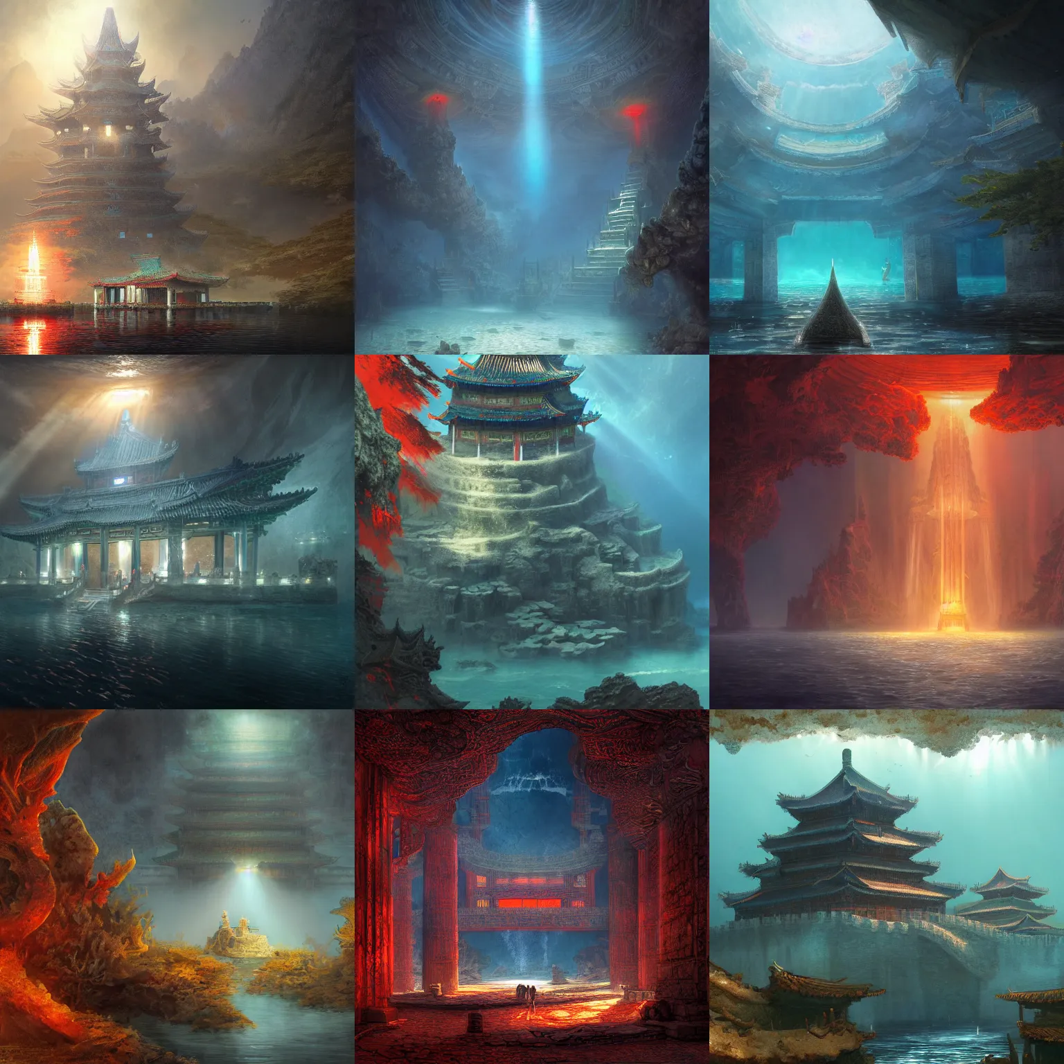 Prompt: A fantasy art of an ancient underwater Chinese building at the bottom of the lake, rays of light illuminating from the top, highly detailed, digital painting, artstation, smooth, sharp focus, by greg rutkowski, blue and red lighting, digital art, ultra realistic, ultra detailed, photorealistic, 4k