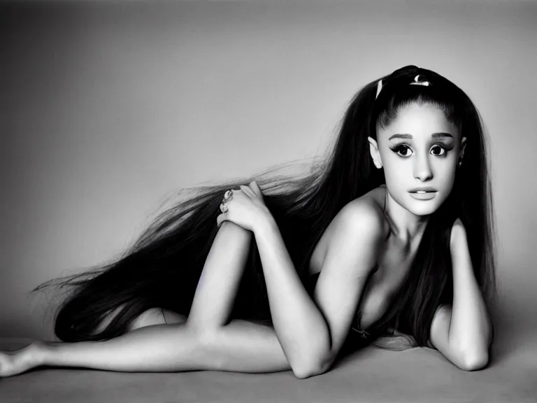 Image similar to award winning photo of Ariana Grande on a chesterfield lounge, symmetrical face, beautiful eyes, studio lighting, wide shot art by Sally Mann & Arnold Newman