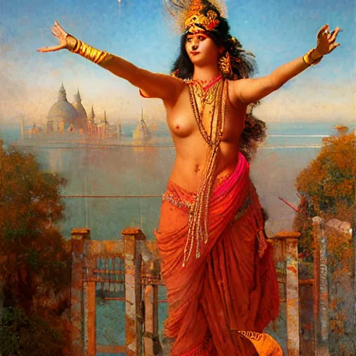 Image similar to detailed full body of hindu traditional woman blindfolded by high - tech vr headset and walking on thin bridge in sky, girl graceful,, painting by gaston bussiere, craig mullins, j. c. leyendecker, lights, art by ernst haeckel, john william godward, hammershøi,,