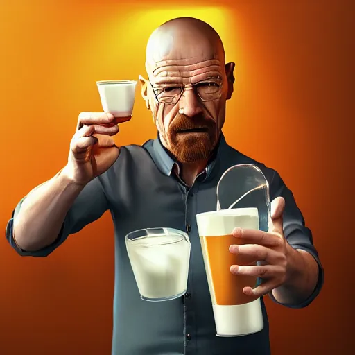 Prompt: photorealistic walter white chugging milk. hyperdetailed photorealism, 1 0 8 megapixels, amazing depth, high resolution, 3 d shading, 3 d finalrender, 3 d cinematic lighting, glowing rich colors, psychedelic overtones, artstation concept art.