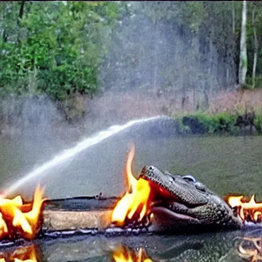 Prompt: found footage of an alligator living in a cottage on fire