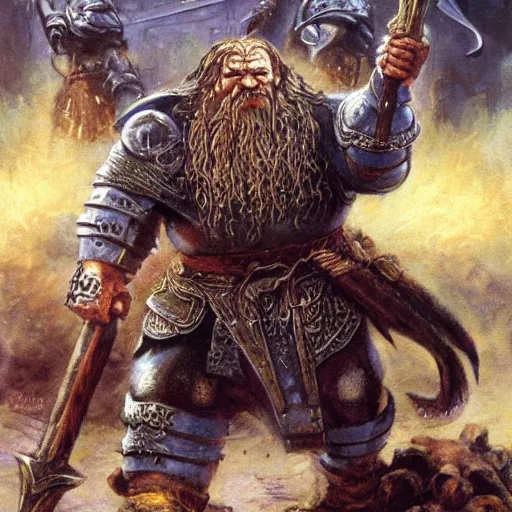 Image similar to Dwarven iron guard fighting a troll. lotr. Epic painting by james gurney.