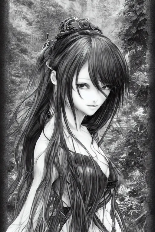 Image similar to a vertical portrait of a character in a scenic environment by Yoshitaka Amano, black and white, dreamy, cybernetic, wavy long black hair, highly detailed