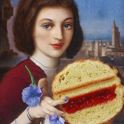 Prompt: a milanese with jam and a blue flower