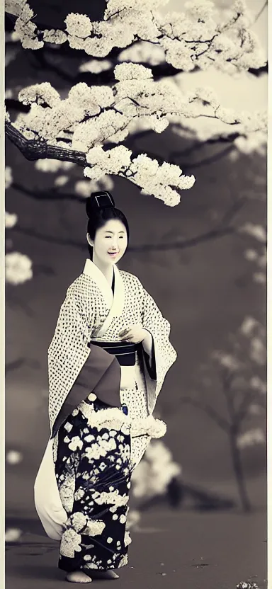 Image similar to “ a portrait photo of a young asian woman with fox ears wearing kimono at a sakura tree, side shot, by shunji dodo, 8 k resolution, black and white photo, high quality ”