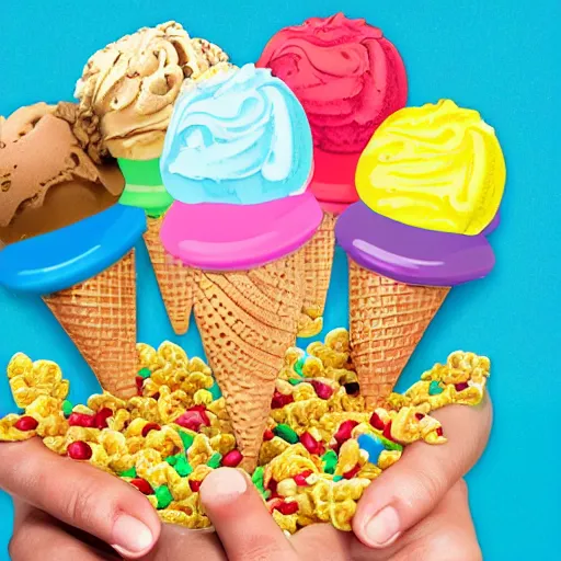 Image similar to the front of a kids cereal box for 'ice cream' cereal, featuring a levitating ice cream cone filled with pieces of cereal that resemble little ice cream cones