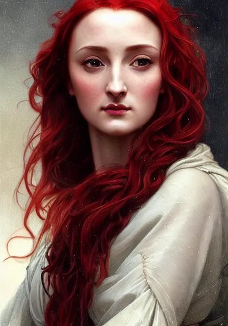 Image similar to portrait of sansa stark with long red hair, intricate, elegant, highly detailed, digital painting, artstation, concept art, smooth, sharp focus, illustration, art by artgerm and greg rutkowski and alphonse mucha and william - adolphe bouguereau