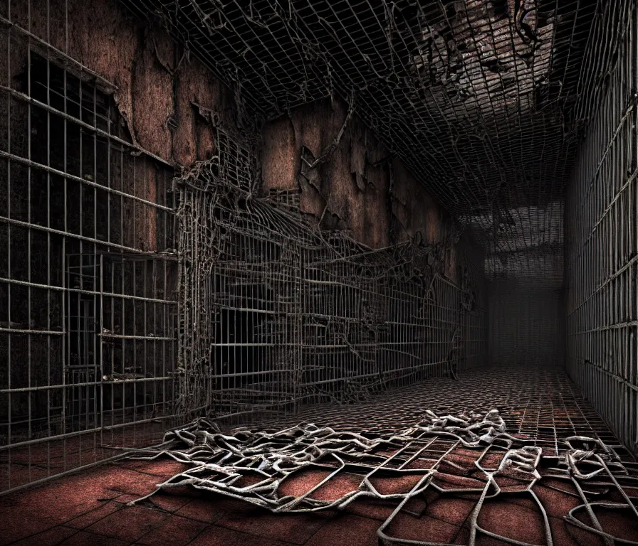 Image similar to creepy huge suffering humanoid with long limbs sits. an underground very dark gloomy multi - layered structure of rusty thick iron grates, dense chain - link fencing and peeling walls. inside view, collapsed floors, bent rusted iron, masterpiece, black background, corners, cinematic, hyperdetailed, photorealistic, hyperrealism, octane render, shadows