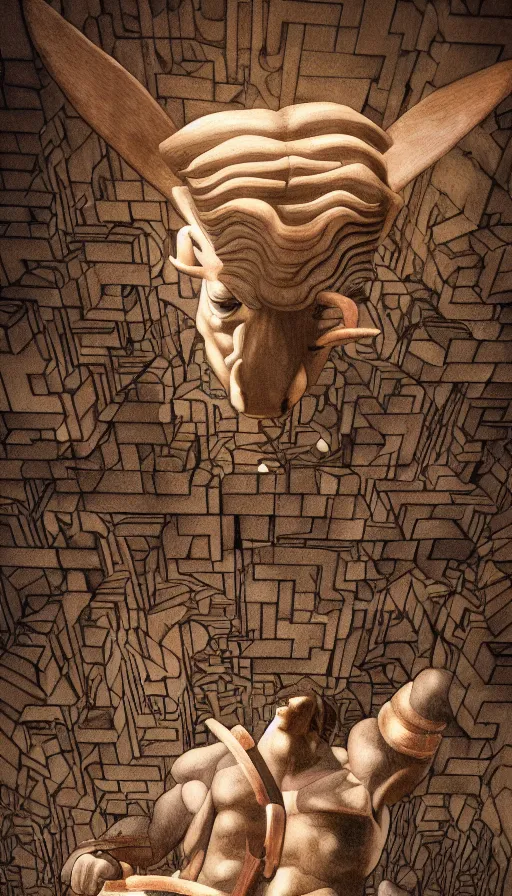 Image similar to Minotaur in a Maze, by Caravaggio, studio ghibli, cinematic lighting, intricate, highly detailed, digital painting, trending on artstation, Illustration, epic scale