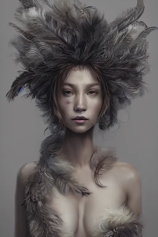 Prompt: A fancy portrait of a women covered in feathers by Greg Rutkowski, beeple, Sung Choi, Mitchell Mohrhauser, Maciej Kuciara, Johnson Ting, Maxim Verehin, Peter Konig, final fantasy, macro lens, 35mm, 8k photorealistic, cinematic lighting, HD, high details, dramatic, dark atmosphere, trending on artstation