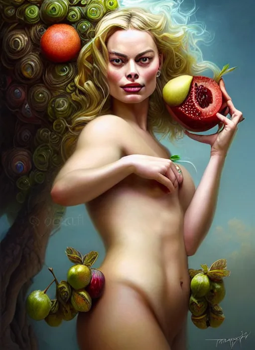 Image similar to margot robbie as an goddess of fruits, aesthetic, fine art, intricate, elegant, highly detailed, realistic hair, centered, digital painting, art station, conceptual art, soft, sharp focus, illustration, artwork, artgerm, tomasz alen kopera, peter mohrbacher, donato giancola, wlop, boris vallejo