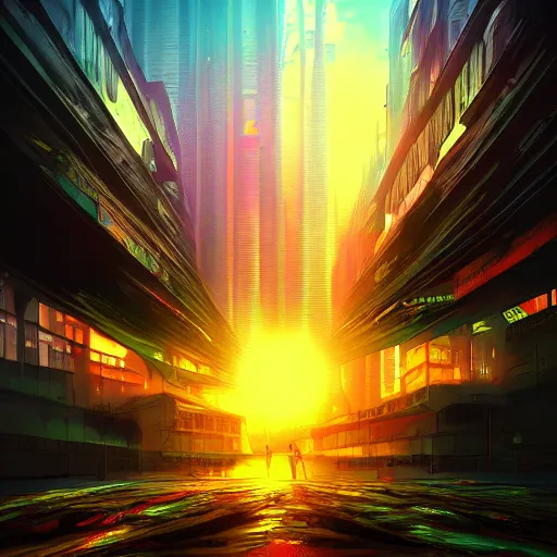Image similar to beautiful sunrise in dreamscape cyberpunk arstation