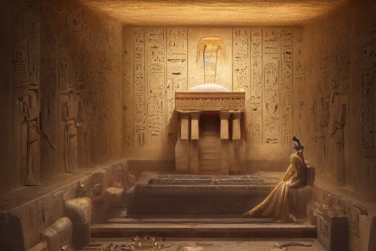 Image similar to interrior of an egyptian tomb with shiney gold and onyx by greg rutkowski and james gurney, trending on artstation, hdr, highly detailed