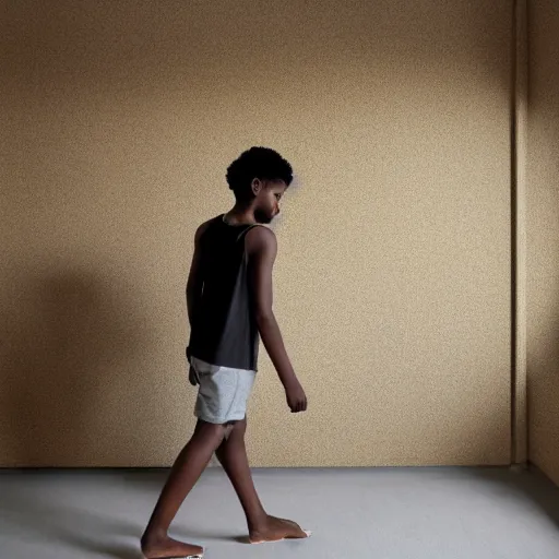 Image similar to black teenage boy wearing a white tank top with a long nose, walking in a nostalgic room with yellow walls and brown carpet