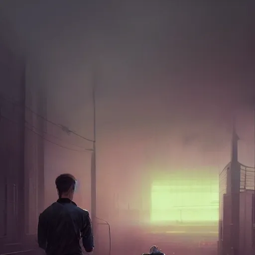 Prompt: portrait of a man by Greg Rutkowski, lee madgwick and hubert robert, VR headset, blade runner style, neon glow, vivid color, moody lighting, unreal engine, sunrise, epic skies, foggy