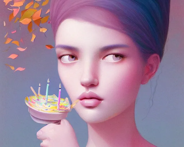 Image similar to highly detailed pastel colors of an ethereal moroccan beauty blowing a birthday candle, morphing into autumn leaves, by artgerm and hsiao - ron cheng, smooth composition, fine patterns and detail