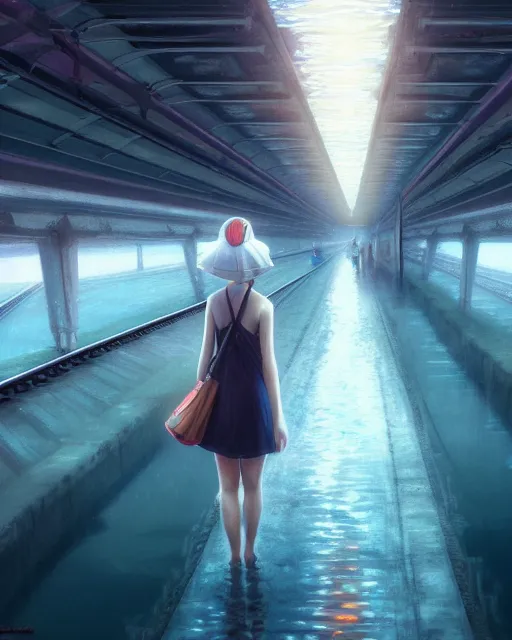 Image similar to photo of girl walking on train tracks submerged under reflective water toward a station in the distance, wide horizon, large white clouds, intricate, elegant, highly detailed, digital painting, artstation, concept art, smooth, sharp focus, illustration, art by artgerm and greg rutkowski and fra angelico