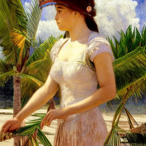 Image similar to a ultradetailed beautiful painting of a girl in the amazonas palace designed by jules bastien - lepage, hans belmer, frank weston and gustave baumann, beach, trending on artstation, mediterranean, palm trees, refracted color sparkles, sharp focus, soft light, 8 k 4 k