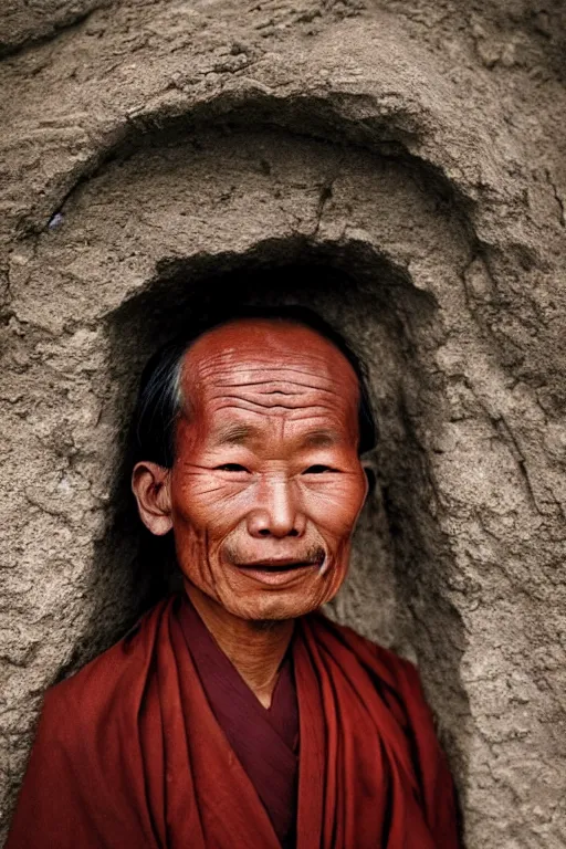 Prompt: ultra realistic vintage photo portrait of a tibetan man with a deep hole in forehead, by Annie Leibovitz,