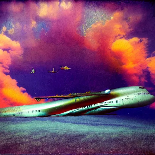 Image similar to dreamlike film photography of a 1880s art nouveau Boeing 747 made of copper at night underwater in front of colourful underwater clouds by Kim Keever. In the foreground floats a seasnake. low shutter speed, 35mm