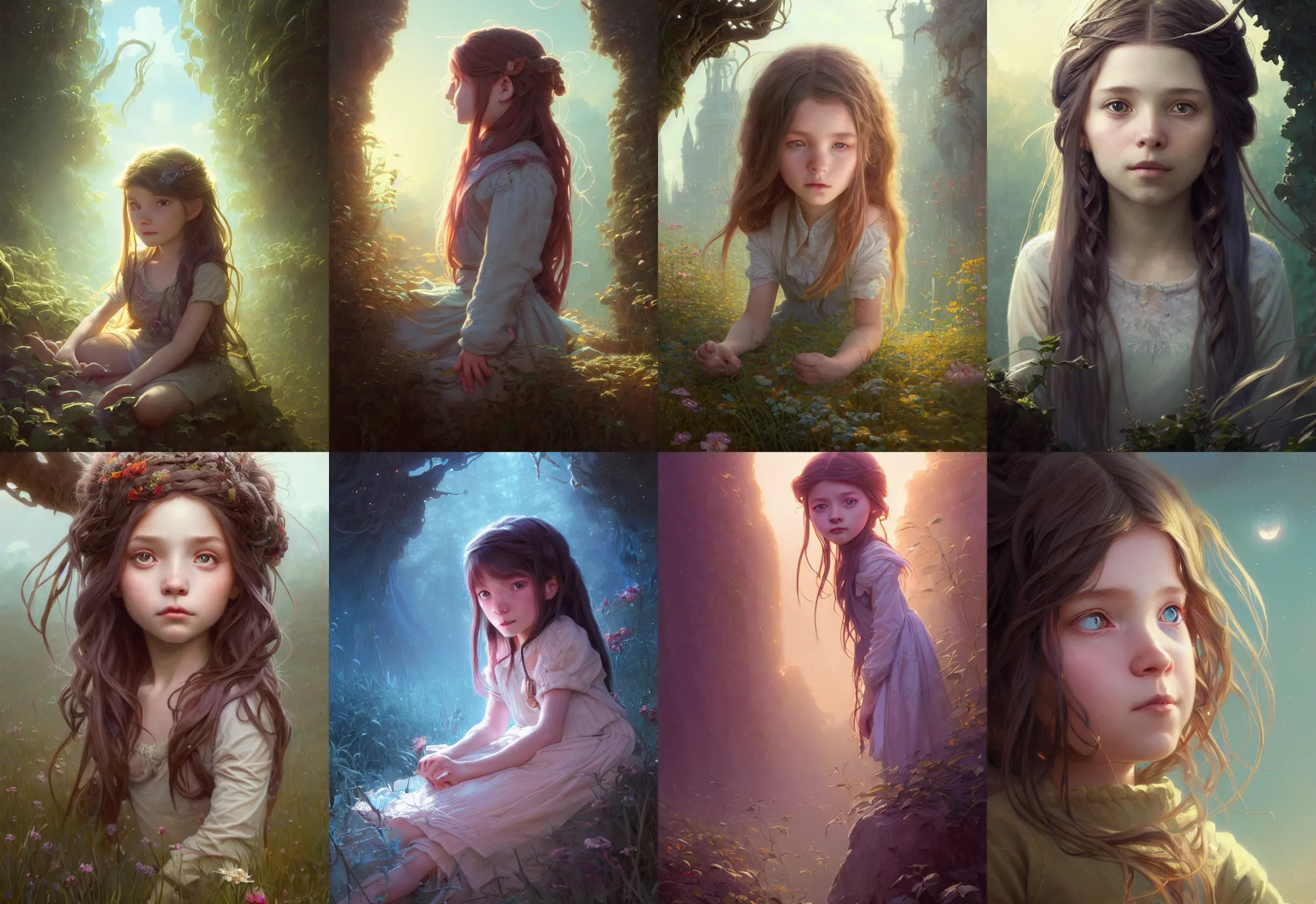 Image similar to highly detailed portrait of a little girl with long hairs, stephen bliss, unreal engine, fantasy art by greg rutkowski, loish, rhads, ferdinand knab, makoto shinkai and lois van baarle, ilya kuvshinov, rossdraws, tom bagshaw, alphonse mucha, global illumination, radiant light, detailed and intricate environment