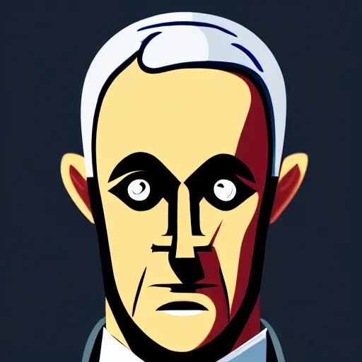 Image similar to solid glowing eyes, digital portrait of secretary of denis mcdonough face with solid glowing eyes, cover art of graphic novel, evil laugh, menacing, Machiavellian puppetmaster, villain, simple style, solid colors, clean lines, clean ink, trending on artstation