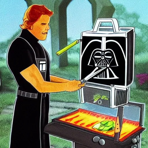 Prompt: darth vader wearing a apron with a funny foke on it grilling at his house on tatoonie, realistic