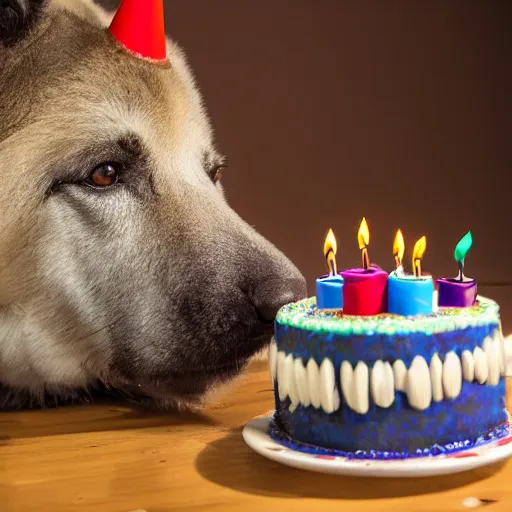 Prompt: a high - quality photo of a kangal with a birthday cake, 4 5 mm, f 3. 5, sharpened, iso 2 0 0, raw, food photography