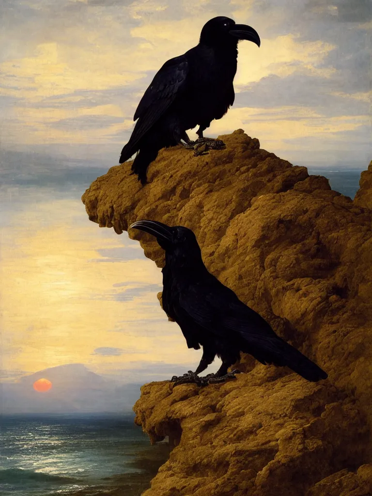 Image similar to a breathtakingly stunningly beautifully highly detailed close up portrait of a raven under a rock arch, epic coves crashing waves plants, beautiful clear harmonious composition, dynamically shot, wonderful strikingly beautiful serene sunset, detailed organic textures, by frederic leighton and rosetti and turner and eugene von guerard, 4 k