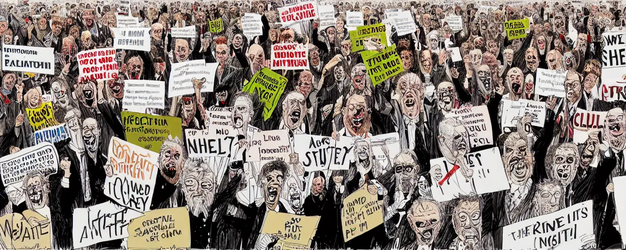 Prompt: an illustration of a crowd of angry political protestors with signs, by gerald scarf and ralph steadman, illustration, front angle, ink splatters, pen and ink, flat color, drawing, facing front, anatomically correct, beautiful perfect face, sharp focus, highly detailed, cinematic lighting, 8 k, hd