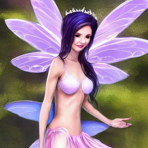 Image similar to very very very beautiful fairy princess with fairy wings, bare midriff, one foot raised off the ground, full body portrait, eye contact, smiling, flirty, perfect face, perfect body, drawn by keith garvey