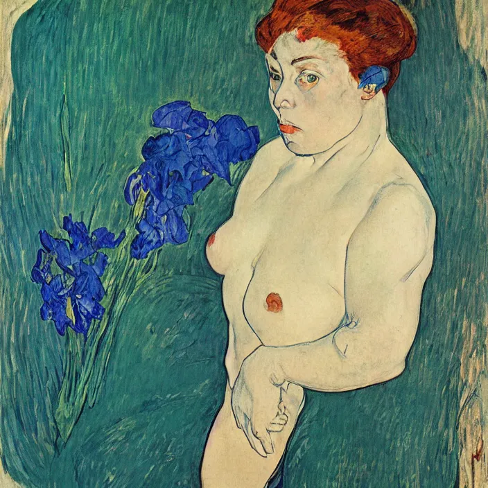 Prompt: portrait of a woman with wild exoticiris. indigo blue, turquoise. henri de toulouse - lautrec, egon schiele, gauguin, kathe kollwitz