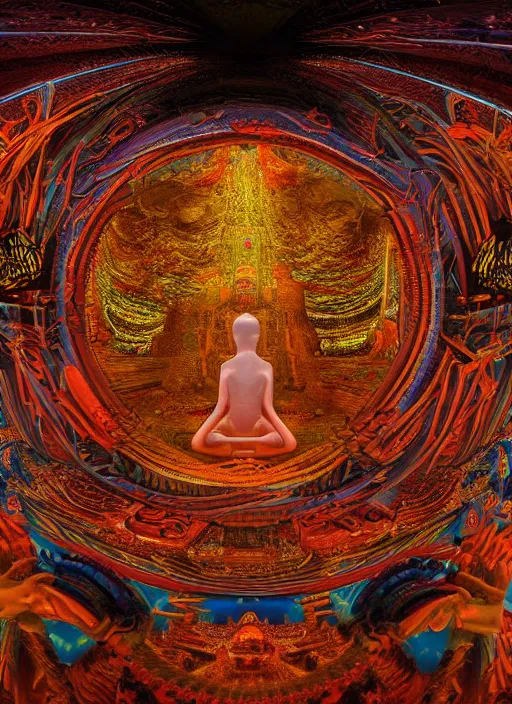 Image similar to breathtakingly beautiful ultrawide angle colour masterpiece weird dream, low angle view from inside a hindu temple, figure meditating close shot, strange beautiful cybertronic temple, incredible sense of depth and perspective and clarity, hyperrealism, realistic, dramatic lighting, leds, arch, symmetry symmetrical, alex grey and moebius and studio ghibli, 8 k