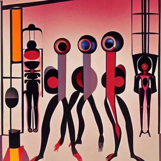 Image similar to strange beings in a common space, Oskar Schlemmer, futurism, Bauhaus