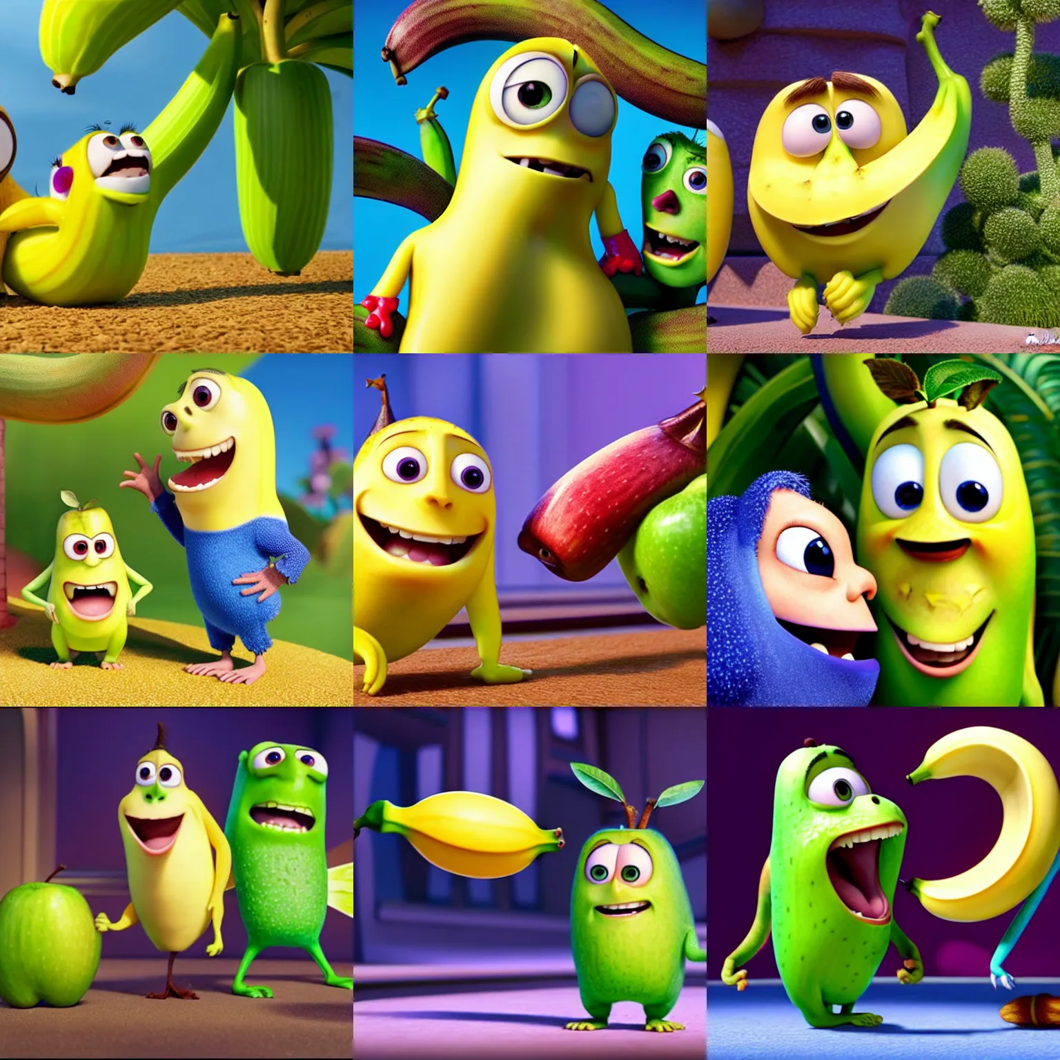 Prompt: a couple of cutest banana and apple fruitties being friends, pixar, cgi, 4 k, vivid, symmetrical, hyperdetailed