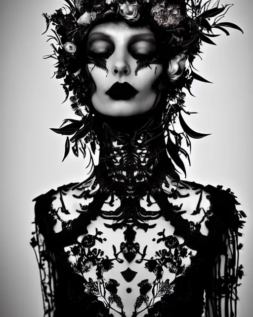 Image similar to surreal dark poetic black and white photo portrait of complex bio-mechanical beautiful young silver female vegetal-cyborg with a fur metal fine lace face, a very long neck and a fine metal floral foliage super big gothic lace collar and high floral crown by Vivienne Westwood:: smoke, high fashion, haute couture, rococo, avant-garde, dry black roses, silver filigree details, anatomical, facial muscles, cable wires, microchip, elegant, dreamy, foggy atmosphere, hyper realistic, 150 mm lens, soft rim light, octane render, unreal engine, picture was taken in 1910 by Man Ray, volumetric lighting, dramatic light,8k,