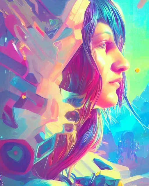 Image similar to colorful portrait of a female hippie, set in the future 2 1 5 0 | highly detailed | very intricate | symmetrical | professional model | cinematic lighting | award - winning | painted by mandy jurgens and ross tran | pan futurism, dystopian, bold psychedelic colors, cyberpunk, groovy vibe, anime aesthestic | featured on artstation