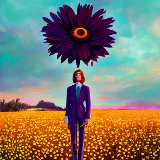 Image similar to giant daisy flower head, frontal, girl in a suit, surreal photography, sunrise, dramatic light, impressionist painting, digital painting, artstation, simon stalenhag