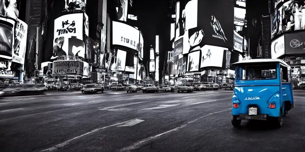 Image similar to a blue and white tuk tuk in Times Square at night, dream-like heavy atmosphere, dark baroque painting, beautiful, 8K artistic photography, photorealistic, dramatic volumetric cinematic perfect light, chiaroscuro, award-winning photograph, masterpiece, Raphael, Caravaggio, Beksinski, Giger, 4k