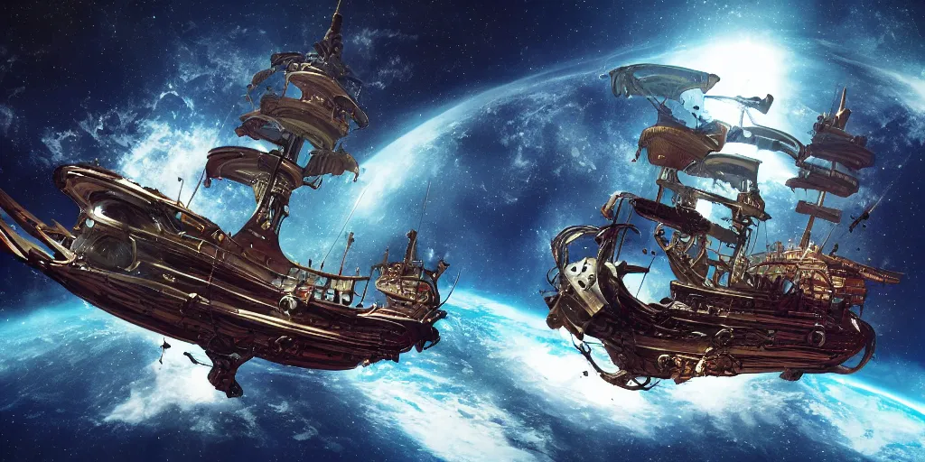 Prompt: a sci - fi pirate ship in space