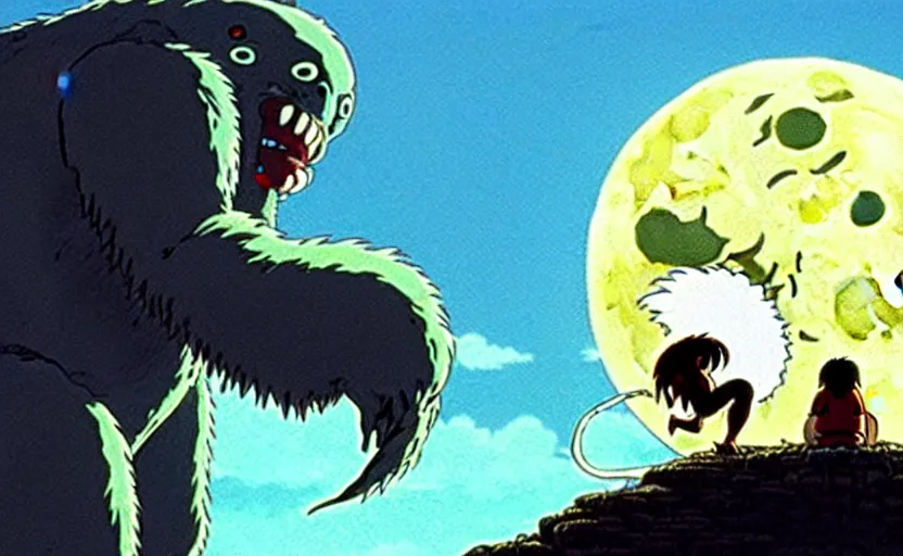 Image similar to a still from a studio ghibli movie of a cartoon cthulhu slicing open king kong from princess mononoke ( 1 9 9 7 ), in front of a pale full moon, full body, wide shot, very dull muted colors, studio ghibli, highly detailed, deviantart, art by artgem