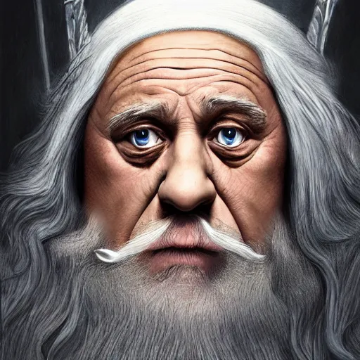 Image similar to ultra realistic illustration, danny devito as gandalf the white from lord of the rings movie, full body, high quality, highly detailrd, wide angle, illustration, digital art, full color