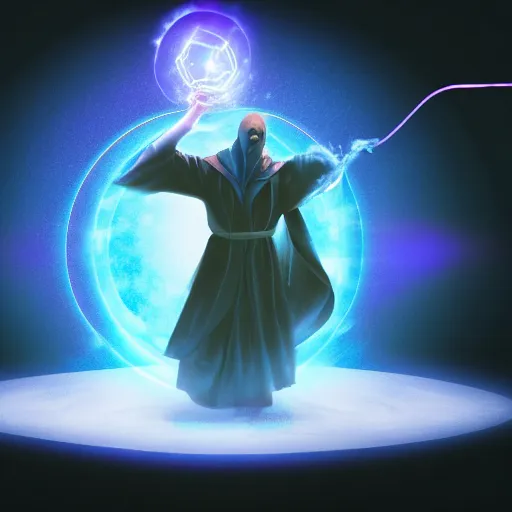 Prompt: a warlock is casting a magic spell, while a few small magic orb is floating nearby, the magic orb emit a blueish vapour, dynamic pose, chromatic aberration , medium level shot, Grim fantasy, illustration ,digital art, concept art,