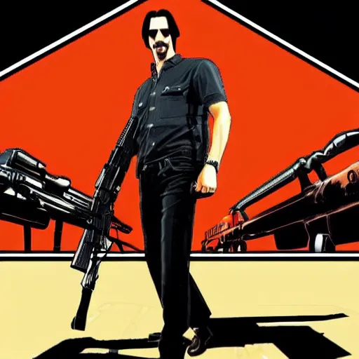 Prompt: Full body portrait of Keanu Reeves holding M-16 machine gun, GTA San Andreas Loading Screen, 4k